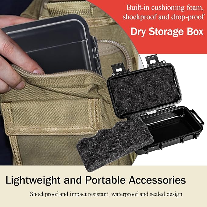 Dry Storage Box, Shockproof Waterproof Box with 2 U‑Shape Buckle, Plastic Storage Container for Cameras, Phones, Camping, Fishing, Hiking(Large-Black)