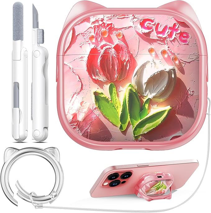 RFUNGUANGO AirPods 4 Case for Women Girly Cat Case with Lock, Phone Stand, Keychain & Cleaner Kit, Compatible with Apple Airpods 4th Generation Case Cover, Pink Tulip