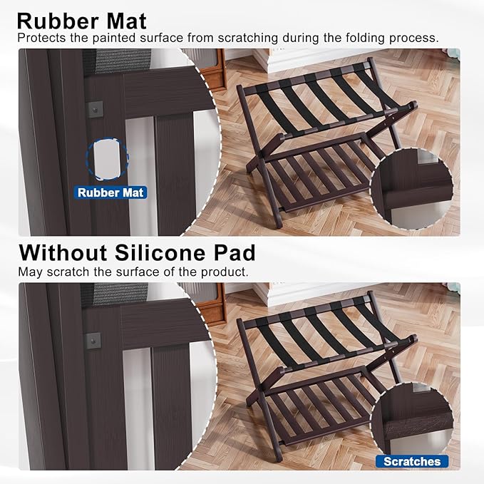 Smuxee Fully Assembled Brown Luggage Racks Pack of 2, Upgraded Bamboo Foldable Suitcase Stand with 5 Nylon Straps, Luggage Holder with Shelf for Guest Room Bedroom Hotel