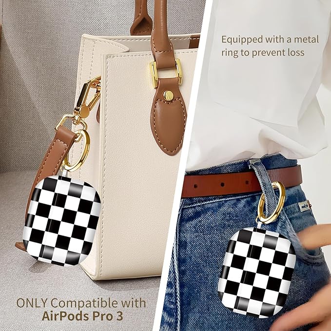 Compatible with AirPods Pro 3rd Generation 2025 Case Cover with Gold Keychain - Cute Protective Hard AirPod Pro 3 Cases for Women - Black White Checkered