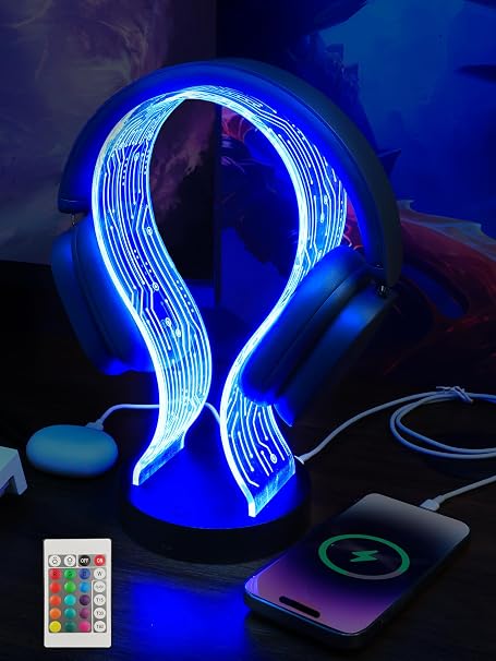 YuanDian RGB Headphone Stand, 16 Colors LED Lighting with Remote Control, Base with USB & Type-C Charging Port, Dimmable & Timer, Gaming Accessories Gift forGamers Men Boy & Music Lovers
