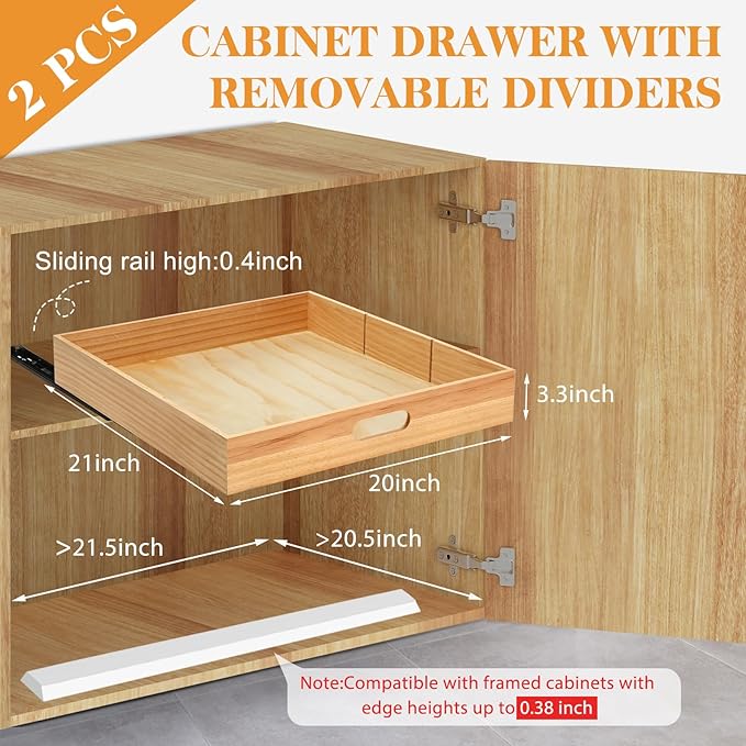 2 PCS Wood Pull Out Cabinet Organizers with Removable Dividers, 20''W x 21''D Nail-free Sliding Drawers with Adhesive Tape, Roll Out Shelves for Kitchen, Pantry, Office (Wood)