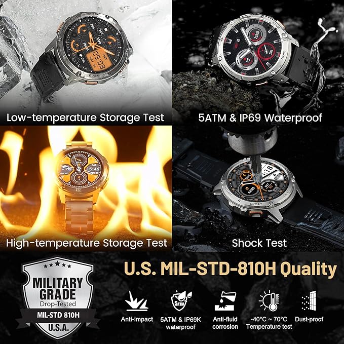Smart Watches for Men, 480mAh Extra-Large Battery, 50M Waterproof, Military Fitness Watch Full Metal Body, Answer/Make Call, AI Voice Compatible for Android & iOS (Black)