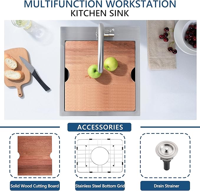 17 Stainless Steel Kitchen Bar Sink, Doirteal 17x19x9 Inch Single Bowl Drop in Workstation Kitchen Sink, Top Mount 17 Inch Small Bar Sinks Outdoor Wet Bar Prep Sinks With Accessories BL83-1