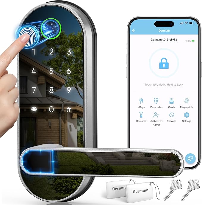 Keyless Entry Fingerprint Digital Smart Lock with Handle & Keypad: Electronic/Electric Lock with Code, App Control Biometric Deadbolt Door Knob for Front, Interior, Exterior & Bedroom Door (Silver)