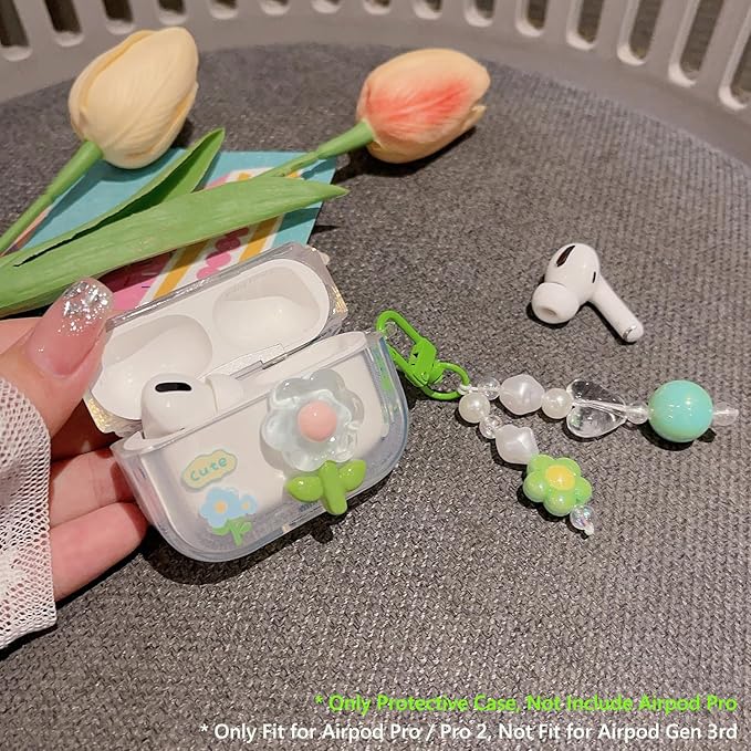 Cute Airpod Pro 2 / Airpod Pro Case 3D Flower with Keychain Clear Hard TPU Protective Cover Compatible with AirPods Pro 2nd/1st Generation Case for Girls Women (Floral Green)