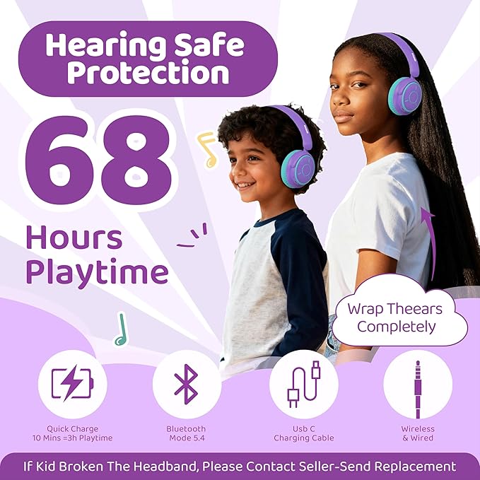 MIDOLA Kids Headphones Bluetooth 5.4 Wireless Volume Limited 85/94dB Hearing Protection Over Ear,68 Hours Playtime Foldable with Cable Aux Wired Built-in Mic for Toddler Child Travel School Purple