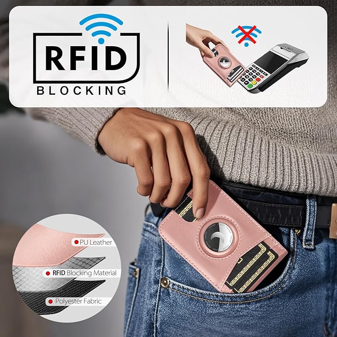 Compatible with Magsafe Case with RFID Blocking Card Holder AirTag pocket for iPhone 17/16/15/14/13/12 Pro/Pro Max/PlusSeries,Not Fit iPhone Mini,Rose Gold