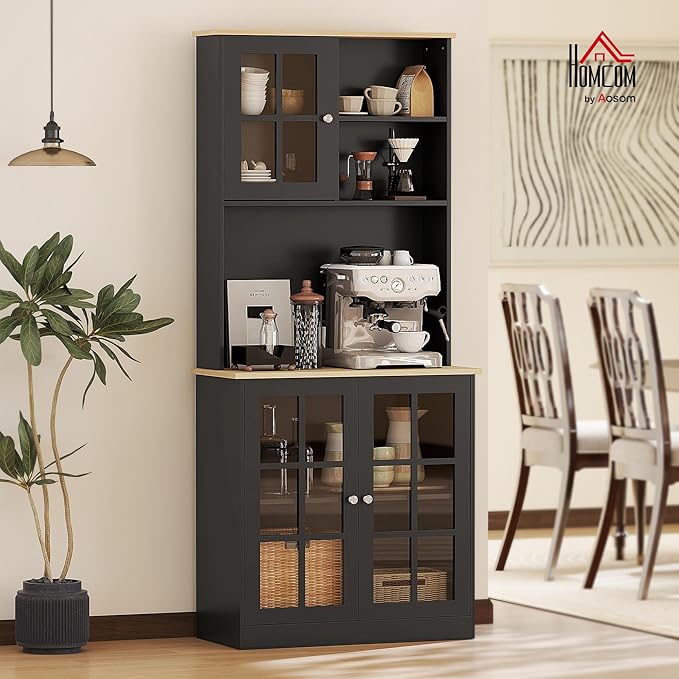HOMCOM Kitchen Pantry Storage Cabinet, 72" Freestanding Cabinet with Hutch, Large Countertop, Glass Doors and Adjustable Shelves for Dining Room, Black
