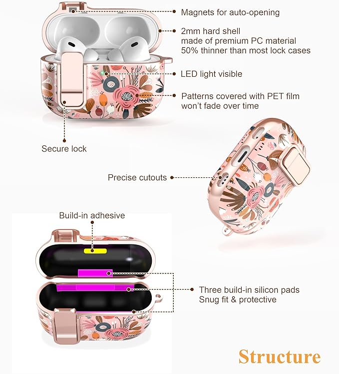 TATOFY for AirPods Pro 3rd (2025) Generation Case with Lock Carabiner Cleaner, Slim AirPod Pro 3 Hard Case Cover, Compatible with MagSafe (Pink)