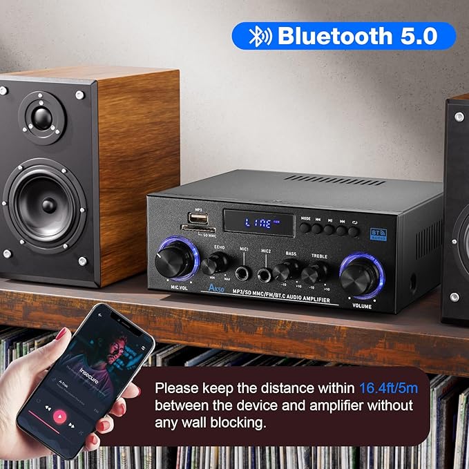 Facmogu AK-50 Bluetooth Stereo Audio Amplifier, RMS 50Wx2 HiFi Sound Stereo Amp Receiver, Remote Control Sound System w/, MP3,USB,SD,AUX, Bass Treble Control for Home Audio, Party, Karaoke, Garages