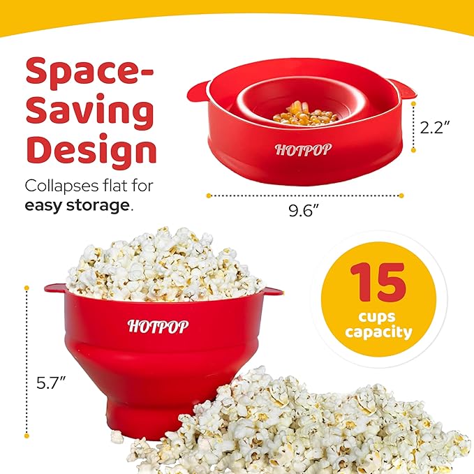 The Orginal HotPop Silicone Popcorn Maker - Microwave Popcorn Popper with Handles - Collapsible Bowl, Heat-Resistant, Easy to Clean, Ideal for Family Movie Nights, 15-Cup Capacity - Red