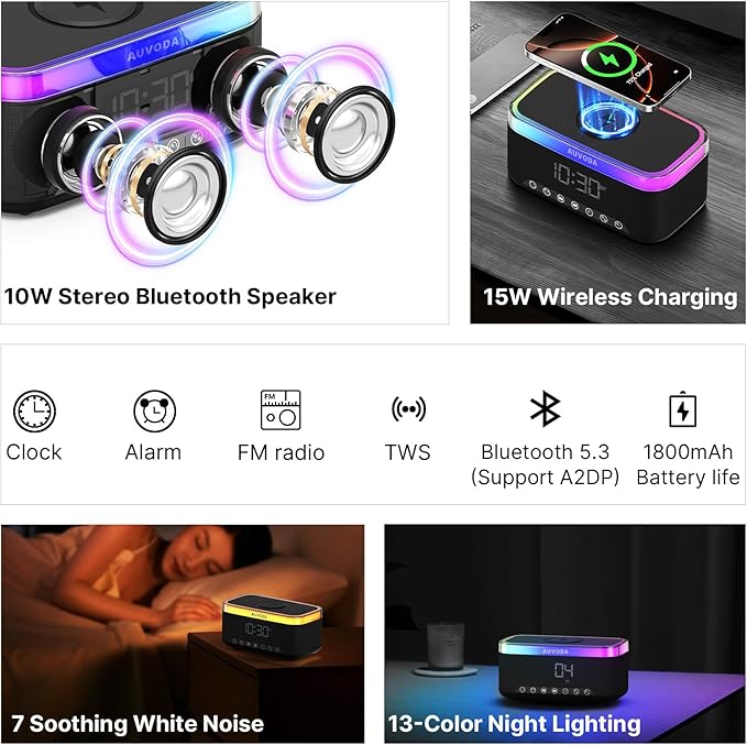 S300 10W Stereo Bluetooth Speaker with 15W Fast Wireless Charging, 13-Color Night Light, Alarm, White Noise, FM Radio, Portable, TWS, BT5.3, for PC, Smartphone, Home, Office & Bedroom (Black)