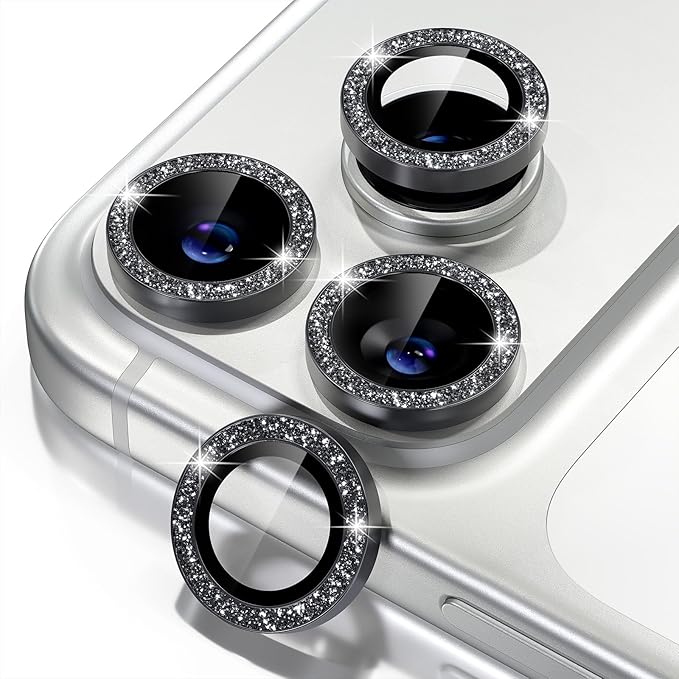 Misea Compatible for iPhone 17 Pro/iPhone 17 Pro Max Camera Lens Protector Bling, 9H Tempered Glass Camera Cover Screen Protector Metal Individual Ring Decoration Accessories, Black Glitter