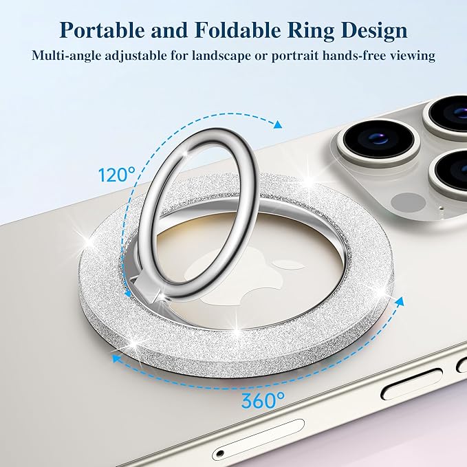 GVIEWIN Magnetic Phone Ring Holder Compatible with MagSafe Grip, [Super Magnet] 360° Rotatable Adjustable Twinkle Kickstand, Mag Safe Stand for iPhone 17 Pro Max/Air/Plus/16/15/14(Glitter/Silver)