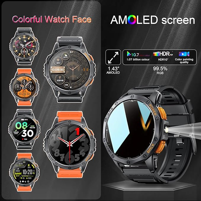 Military Smart Watches Built-in GPS, 170+ Sport Modes for Men with Flashlight, Smartwatch for Android Phones and iPhone, 1.43" AMOLED Screen Bluetooth Call Compass Altimeter (Black & Camo (2 Bands))