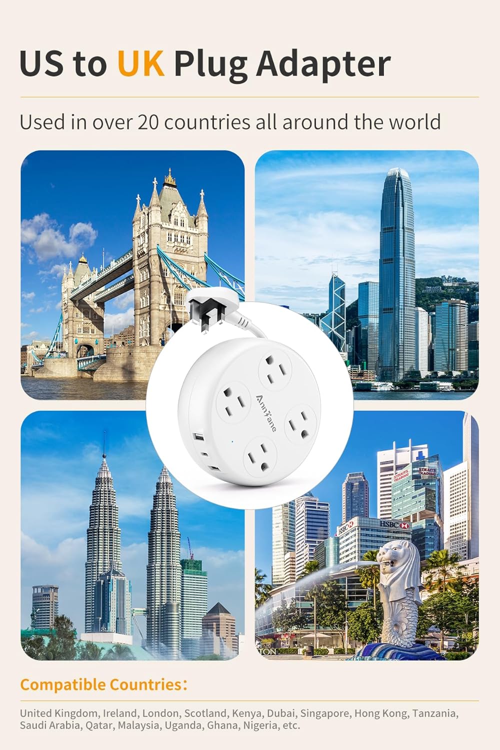 UK Travel Plug Adapter with Retractable Power Strip – 4 AC Outlets & 3 USB Ports (USB-C) | Techloop Living
