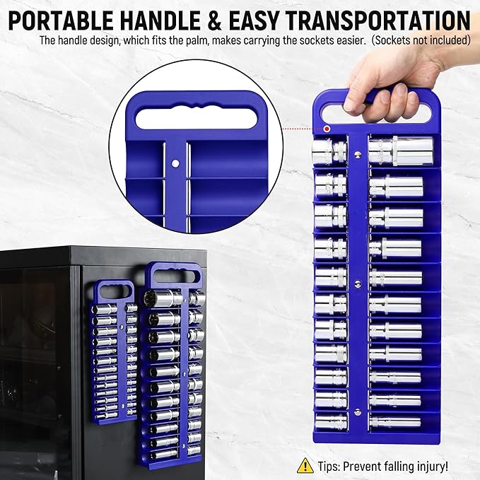 Magnetic Socket Organizer Set, 3 Pcs Blue Portable Heavy Duty Socket Rail Set: 1/4-Inch x 22 Pallets, 3/8-Inch x 28 Pallets, 1/2-Inch x 26 Pallets, Hold 76 Sockets - Fit Shallow&Deep Sockets