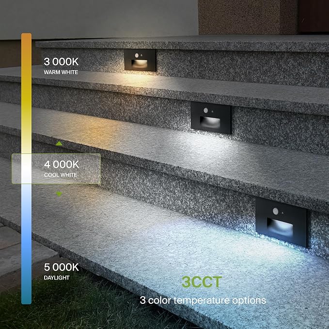 ASD LED Recessed Step Light Fixture, Dusk To Dawn Outdoor Tread Lighting | 3CCT, Motion Sensor, Photocell, Waterproof, ETL Listed | 3W 120LM 3000K-5000K 120V | Staircase Hardwired Illumination | Black