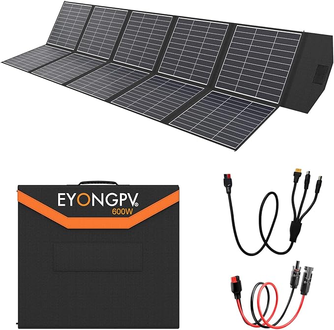 EYONGPV 600W Foldable Solar Panel, 26% HPBC Monocrystalline Cells, IP65 Waterproof Portable Solar Charger with 30A Anderson Output & 4.5m Cable, for RV, Camping, Outdoor Power Stations