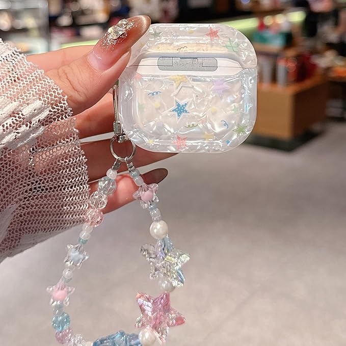 for AirPod 4 Case Cute Dream Shell Pearl Shockproof Protective Cover with Strap Keychain Compatible for AirPods 4th Generation for Women Girls (Colored Stars)