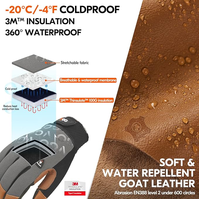 Vgo... 1 Pair Cold Weather Work Gloves Men, Goat Leather Gardening Gloves,Light Duty Mechanic Gloves(Gray,Size L,GA9604F)