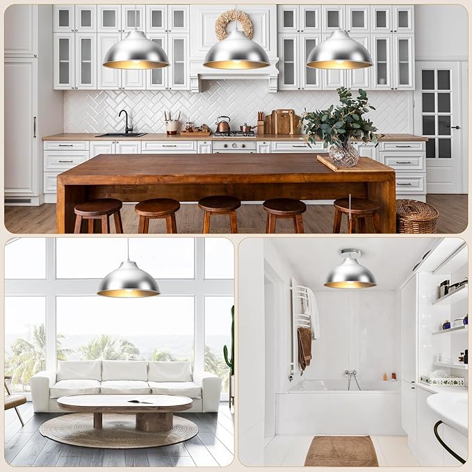 11.8" Aluminum Modern Farmhouse Pendant Light,Adjustable Height 47 Inch Cord Dimmable LED Compatible E26 Base Sandblasting Oxidation Round Dome Hanging Light Fixture for Kitchen Island Indoor (Silver)