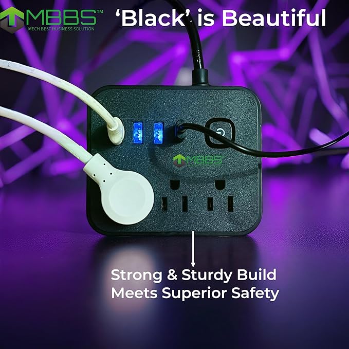 5ft Surge Protector Power Strip with USB C, 1200J Protection, Heavy Duty Extension Cord – (7-in-1) 3 AC Outlets, 4 USB Ports, LED On/Off Switch – Compact & Travel Friendly – Home, Office (Black)