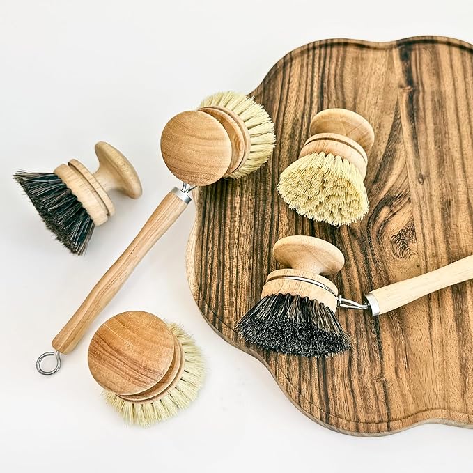 Dish Brush with Handle | 2-in-1 Natural Wooden Brush Set with Detachable Long & Short Handle | Vegetable Brush with Horsehair & Sisal Bristles for Dishes, Pots, and Kitchen Cleaning
