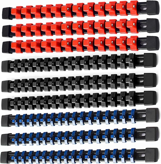 ALOANES 9PC ABS Socket Organizer, Socket Rail Oragnizers Fit 1/2 inch, 3/8 inch and 1/4 inch Drive, Heavy Duty Socket Racks Hold up to 129 Sockets, Black Rails with Red Blue Black Clips