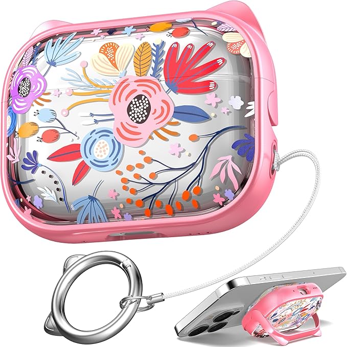 for AirPods Pro 2 Case with Cleaning Kit, Cute Cat Ear Print Design & Cute Buckle for Girls, Phone Holder & Top Safe Lock Buckle Design for AirPods Pro 2nd/1st Gen case, Clear Flowers