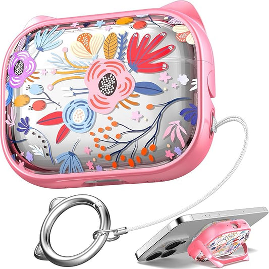 for AirPods Pro 2 Case with Cleaning Kit, Cute Cat Ear Print Design & Cute Buckle for Girls, Phone Holder & Top Safe Lock Buckle Design for AirPods Pro 2nd/1st Gen case, Clear Flowers