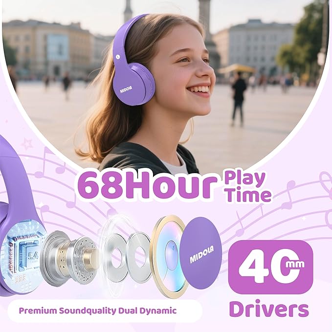 MIDOLA Kids Headphones Bluetooth 5.4 Wireless 68H Play Time Volume Limit 85/94dB Over-Ear Foldable Headset,Type-C Fast Charging,Wired Aux Mic for Toddler Child Pad Tablet Light Purple