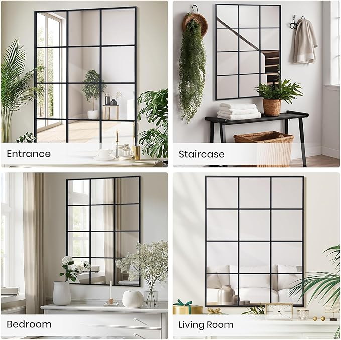 Windowpane Wall Mirror 30"x40" Black Wall Mounted Art Pane Mirror Farmhouse Decorative Mirror Leaning Hanging Wall Mirror for Bedroom Living Room Entryway Hallway Wall Decor