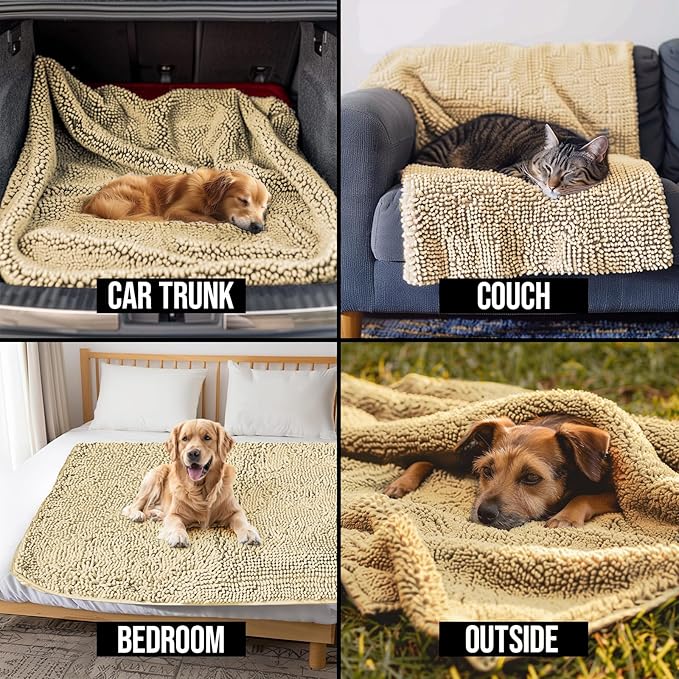 Muddy Mat® Dog Blanket - Chenille Water Absorption Blanket for Bed & Couch Cover for Dogs Washable, Anti-Slip Soft and Durable Furniture Protector for Dogs - Beige 48"x56"