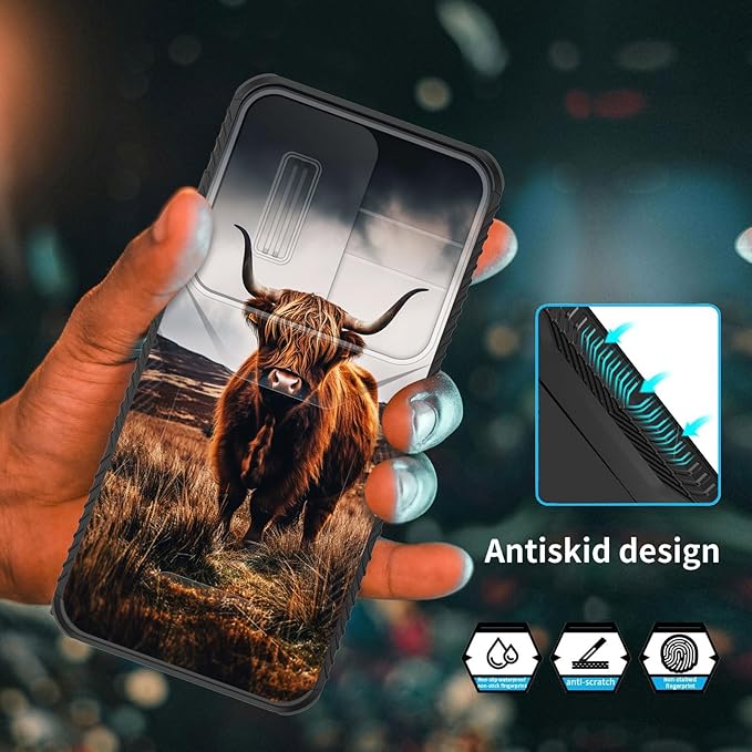 for Galaxy S25 FE Case Built in Slide Camera Lens Cover,Heavy Duty Shockproof Protection Dual Layer Case for Samsung Galaxy S25 FE 6.7" 2025,Brown Highland Cow