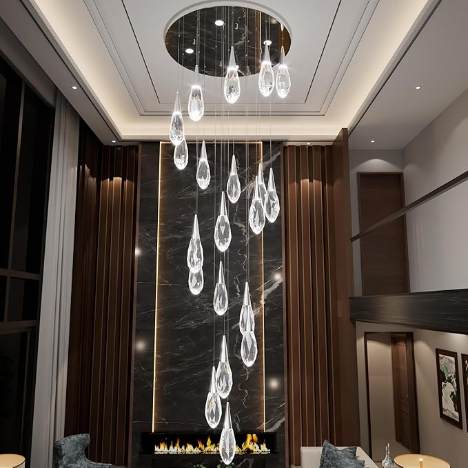 20 Lights Large Chandelie for High Ceiling Siver Pendant Light Fixture with Dimmable Big Crystal Chandelier for Staircase Foyer Villa