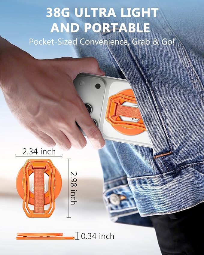 Oerwin for Magsafe Phone Grip Stand, 6-in-1 Magnetic Phone Holder for Magsafe Kickstand, 360° Rotation Phone Ring Holder with Elastic Strap, Compatible with iPhone 17/16/15/14/13/12 Series & Android