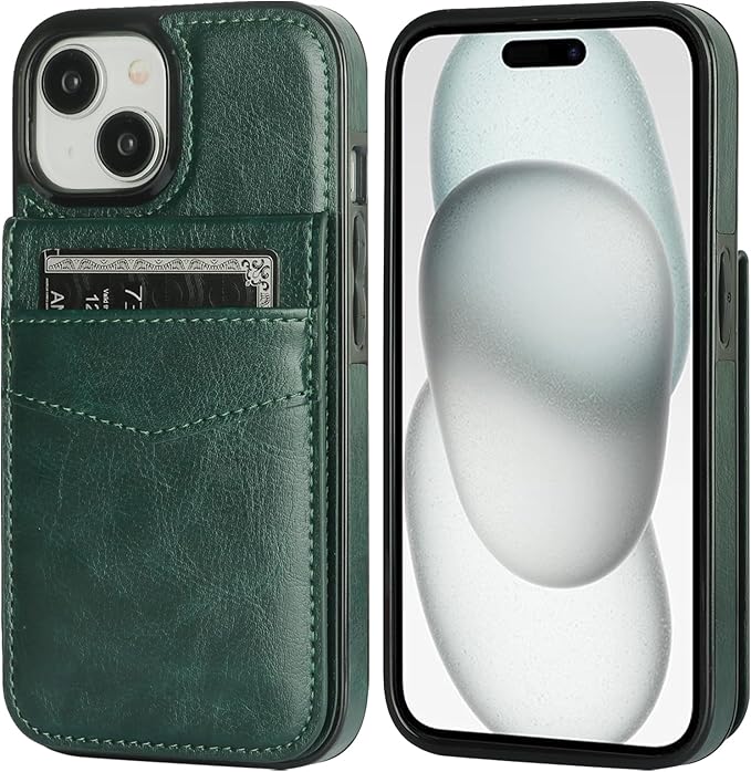 KIHUWEY Compatible with iPhone 15 Case Wallet with Credit Card Holder, Flip Premium Leather Magnetic Clasp Kickstand Heavy Duty Protective Cover for iPhone 15 6.1 Inch (Dark Green)