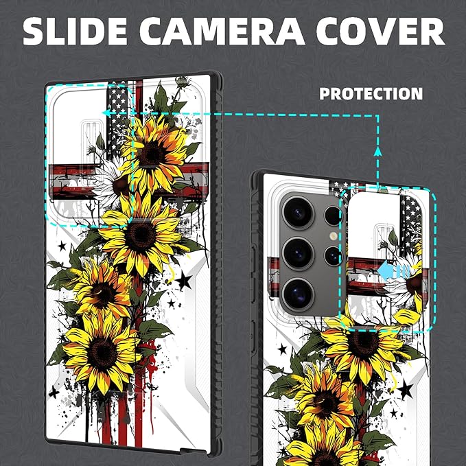 for Galaxy S25 Ultra Case Built in Slide Camera Lens Cover,Heavy Duty Shockproof Protection Dual Layer Case for Samsung Galaxy S25 Ultra 6.9" 2025,Cross American Flag Sunflower