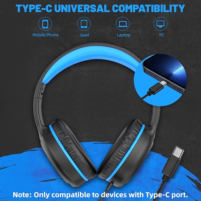 Wired Headphones with Type C Cable for Boys Girls Kids Youth, USB-C Headphones Lightweight Portable Compatible with Pad Phone for Adults Student Children Black Blue