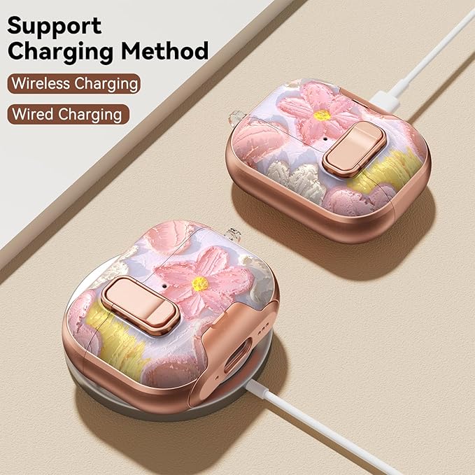 for AirPod Pro 3 Case 2025, with Safty Lock & Phone Stand for Pink AirPod Pro 3 Generation Case Cover for Women Girly, iPod Pro 3 Cases with Keychain & Cleaner Kit - Oil Painting Flower