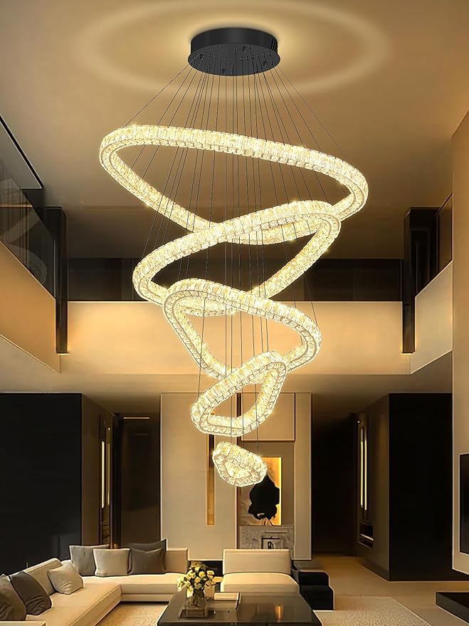 Flashing God H118 Modern Large Chandelier for Foyer 5 Rings Crystal Chandelier Stairway Chandeliers LED Dimmable Crystal Pendant Light for Living Room Entrance Hallway Black