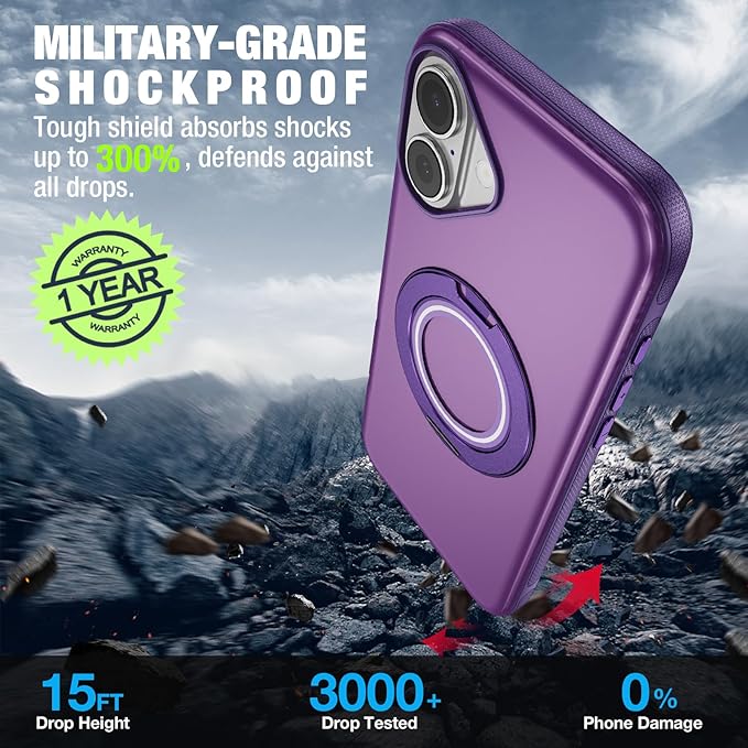 for iPhone 17 Case [Compatible with Magsafe] [15 FT Military Grade Drop Protection] with Screen Protector & Lens Protector,Shockproof Kickstand Phone Case for iPhone 17 (Purple)