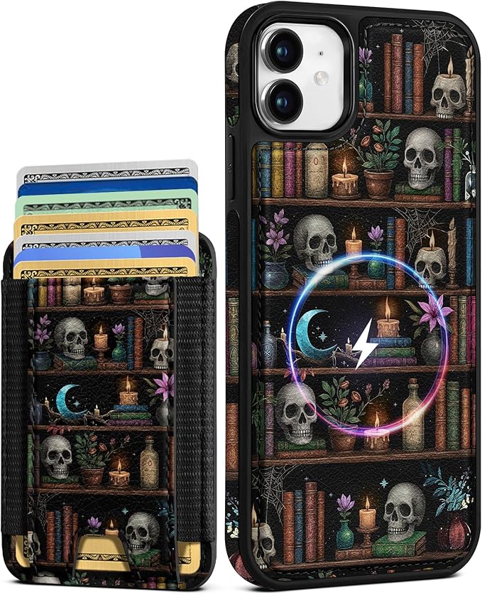 Shorogyt for iPhone 11 Wallet Case - Fits 5 Cards, Compatible with Magsafe Detachable Magnetic Credit Card Holder Leather Cardholder Cute Phone Cover Women Girls for Apple 11, Bookshelf