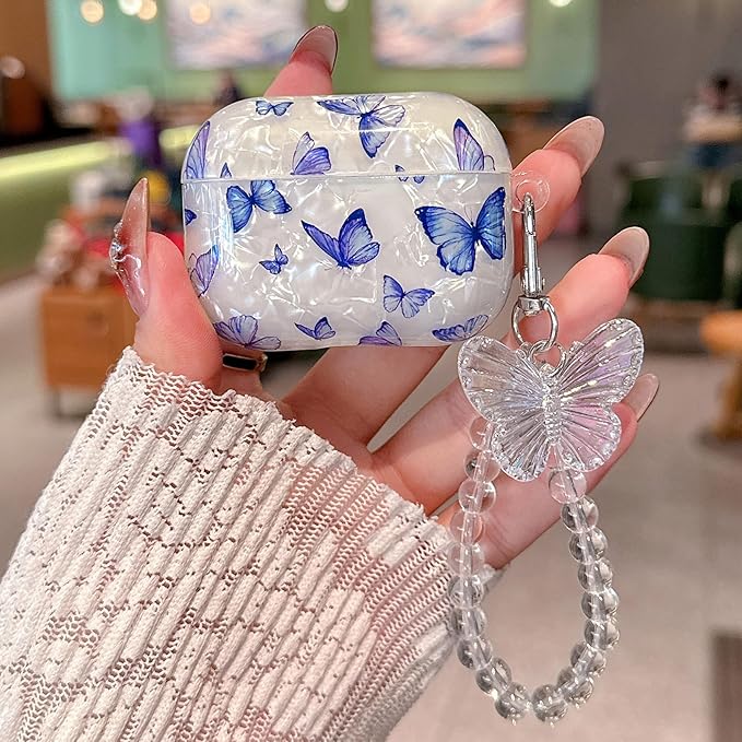 for Airpod Pro 3 Case 2025 Cute White Marble TPU Protective Cover with Keychain Compatible with AirPods Pro 3rd Generation Case for Girls Women (Bluish-Purple Butterfly)
