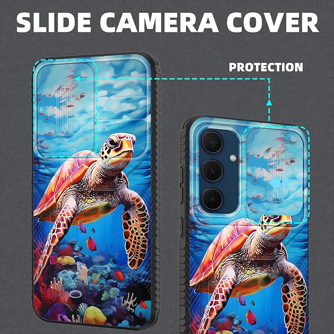 for Galaxy A35 5G Case Built in Slide Camera Lens Cover,Heavy Duty Shockproof Protection Dual Layer Case for Samsung Galaxy A35 5G 6.6 inch 2024,Sea Turtle Swimming Underwater