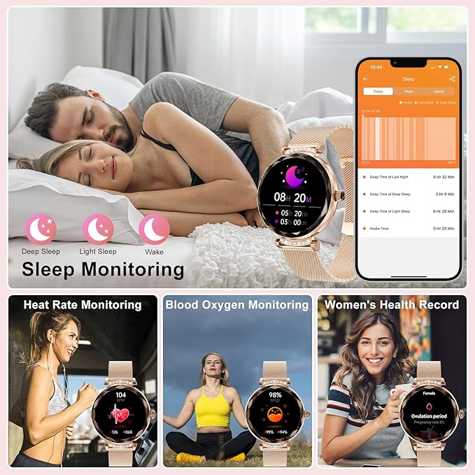 Smart Watches for Women Answer/Make Call, 1.19" AMOLED Smartwatch with Bluetooth for Android iOS Phones, IP68 Waterproof Fitness Tracker with Heart Rate SpO2 Sleep Monitor, Rose Gold