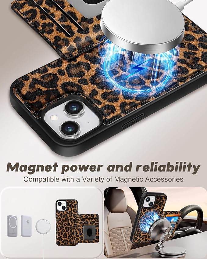 for iPhone 15 Plus Case with Wallet - Fits 4 Card Slots, Compatible with MagSafe for Women Aesthetic Durable PU Leather Credit Card Holder Kickstand Phone Cover for Apple 15 Plus, Leopard