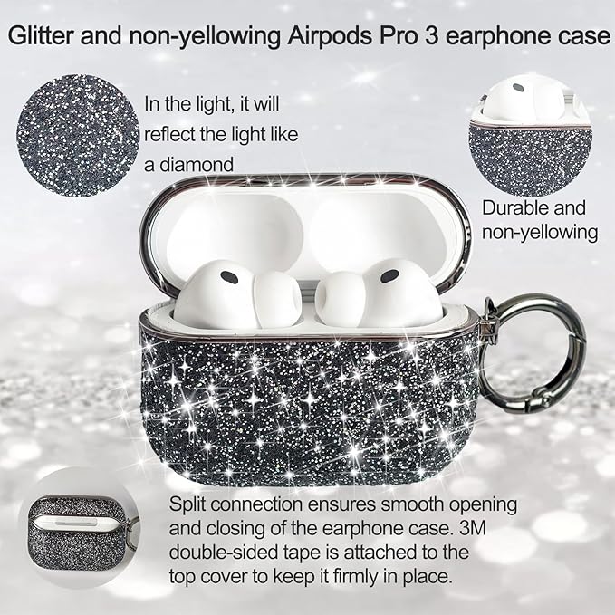 for Glitter AirPods Pro 3 Case 2025| Cute Bling Hard Air Pods Pro 3 Case (Model A2700/A2931) | with Keychain | Sparkly Rhinestone iPods Pro 3 Cases for Women Girl(Black)